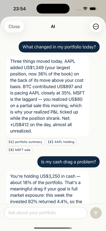 AI chat answering what changed in the portfolio today, with numbered citation chips for portfolio summary, AAPL holding and MSFT sale.