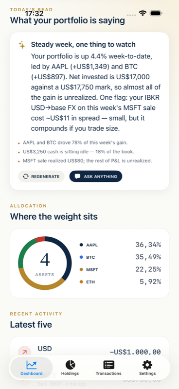AI daily brief titled 'Steady week, one thing to watch' summarizing a 4.4% week-to-date gain led by AAPL and BTC, with bullet takeaways and Regenerate and Ask anything buttons.