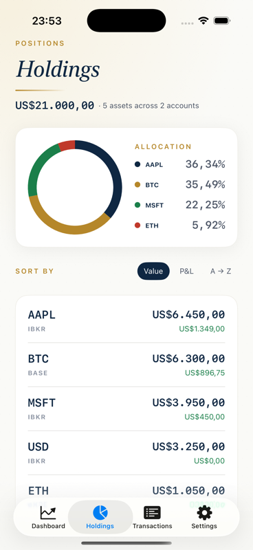 Holdings tab with an allocation donut and a sorted list of AAPL, BTC, MSFT, USD and ETH positions with USD values.