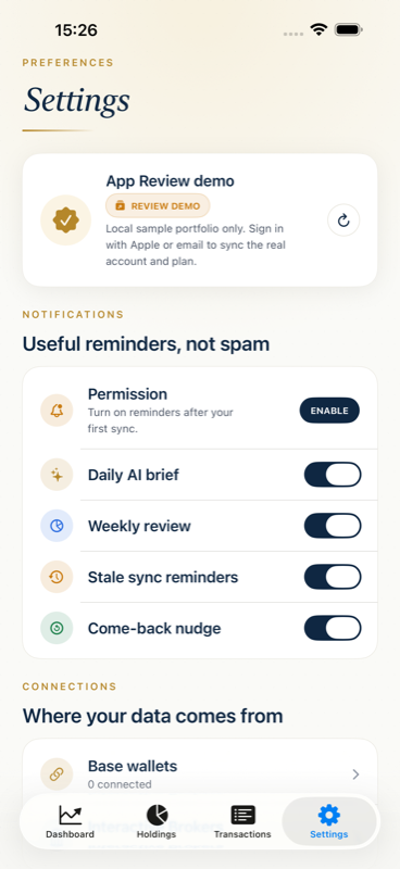 Notification settings under 'Useful reminders, not spam' with toggles for Daily AI brief, Weekly review, Stale sync reminders and Come-back nudge.