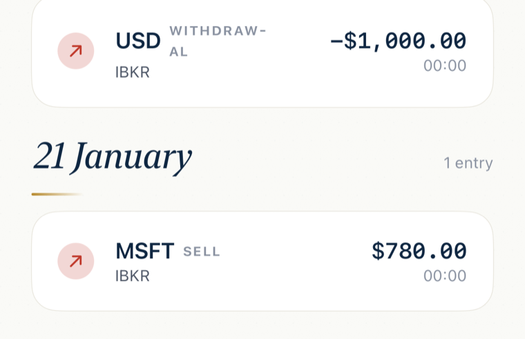 Transactions ledger grouped by date, with color-coded rows for an IBKR withdrawal, an MSFT sell and an AAPL dividend, above a search field.