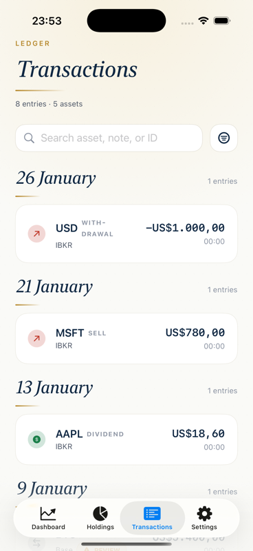 Transactions ledger grouped by date with color-coded rows for deposits, sells and dividends.